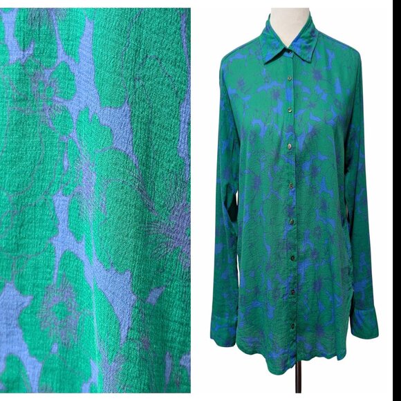 Xirena Womens Size XS Beau Ibiza Blue Green Floral Button Cotton L/S Blouse Top - Picture 1 of 10